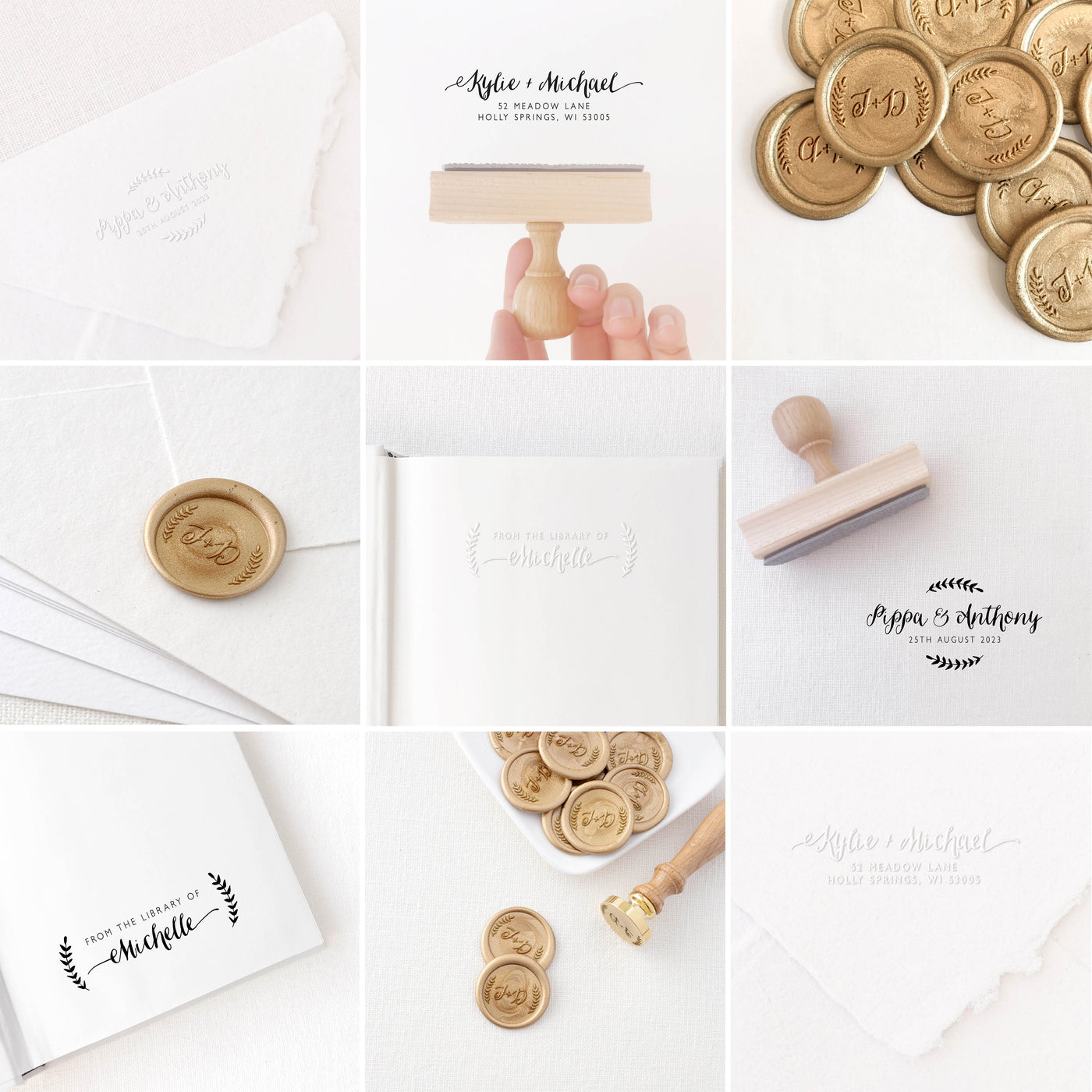 Hayley Rustic Botanical Script Collection | Custom Rubber Stamp, Wax Seal Stickers & Embosser for Custom Luxe Embellishment Packaging & Fine Art Wedding Stationery Invitations | Heirloom Seals