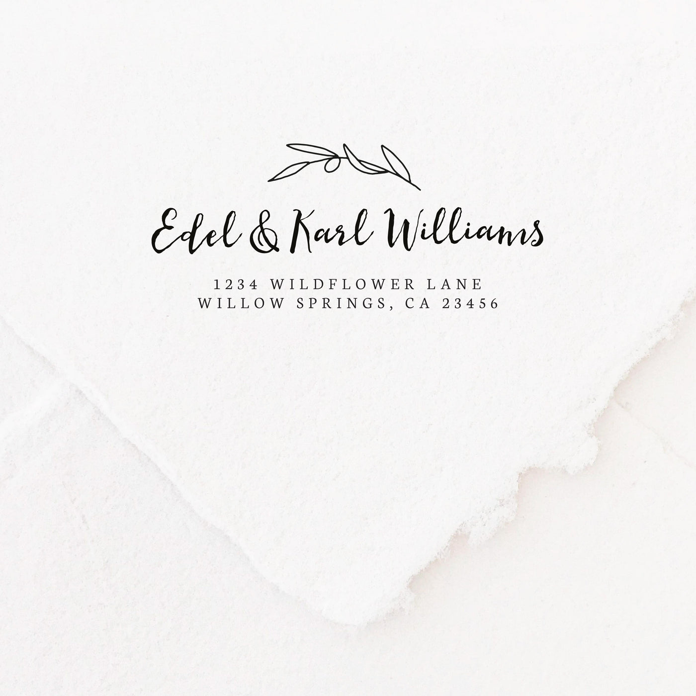 Olivia Botanical Calligraphy Script Return Address Rubber Stamp | Brand Packaging Fine Art Handmade Deckled Edge Paper Wedding Stationery Invitations Envelopes | Heirloom Seals