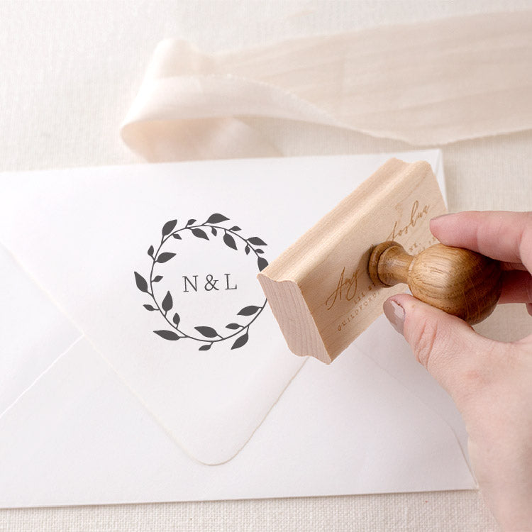 Botanical wreath wedding invitation stamp, Personalized stamp