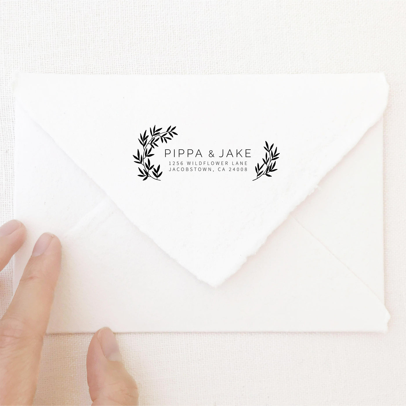 Valerie Classic Botanical Return Address Rubber Stamp | Handmade Deckled Edge Paper Envelopes for Fine Art Wedding Stationery Invitations and Custom Luxe Brand Packaging | Heirloom Seals