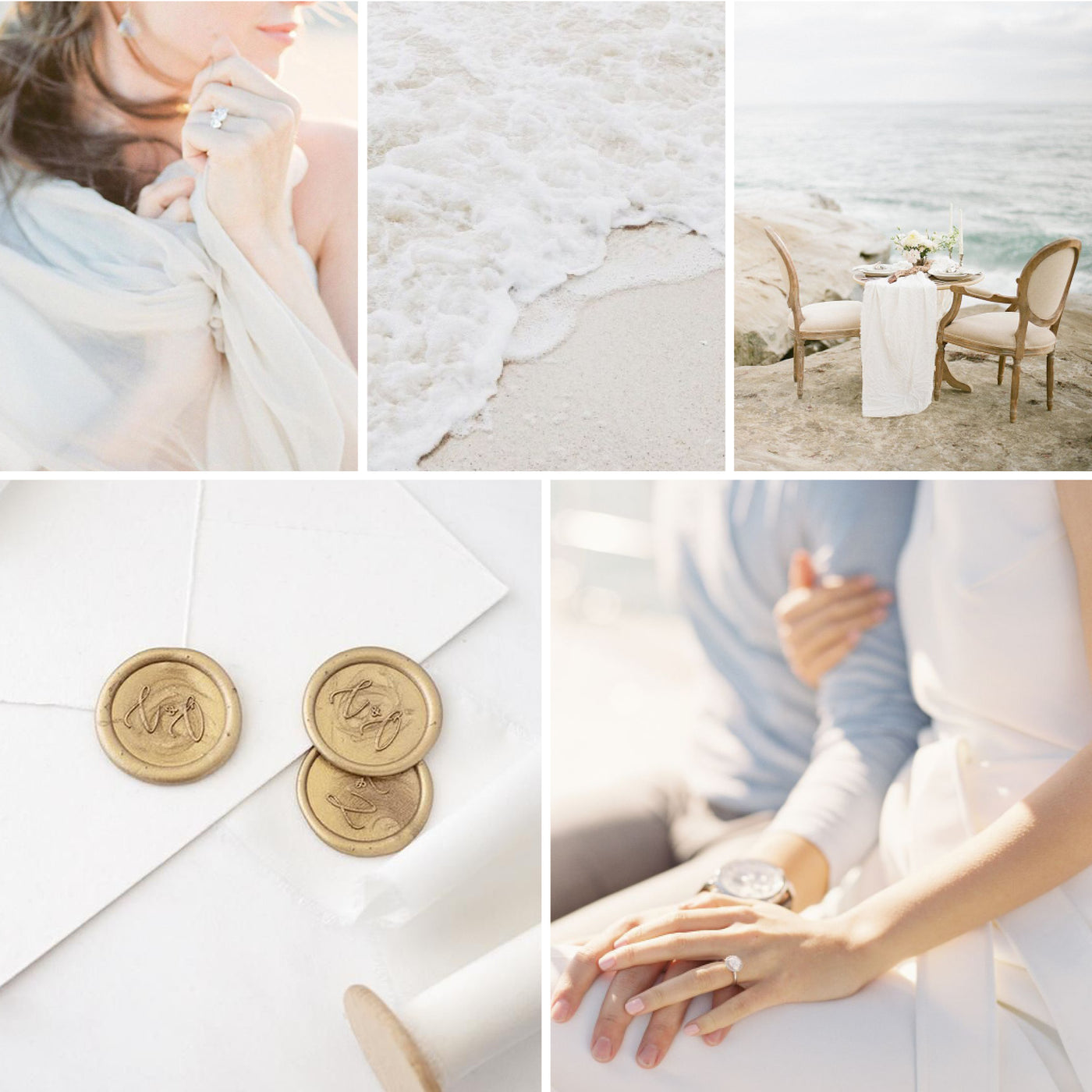 Coastal Outdoor Beach Wedding Inspiration | Monogram Envelope Embosser and Gold Script Adhesive Wax Seals | Heirloom Seals
