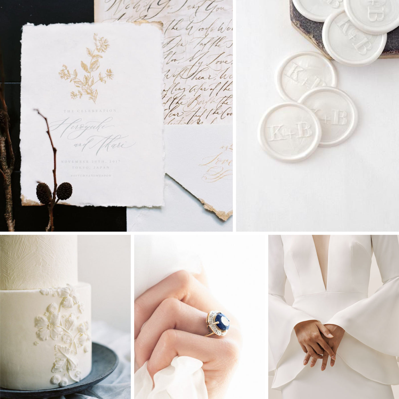 Delicate Minimal Monochrome Wedding Inspiration | White Monogram Wax Seals and Botanical Envelope Embosser | Heirloom Seals