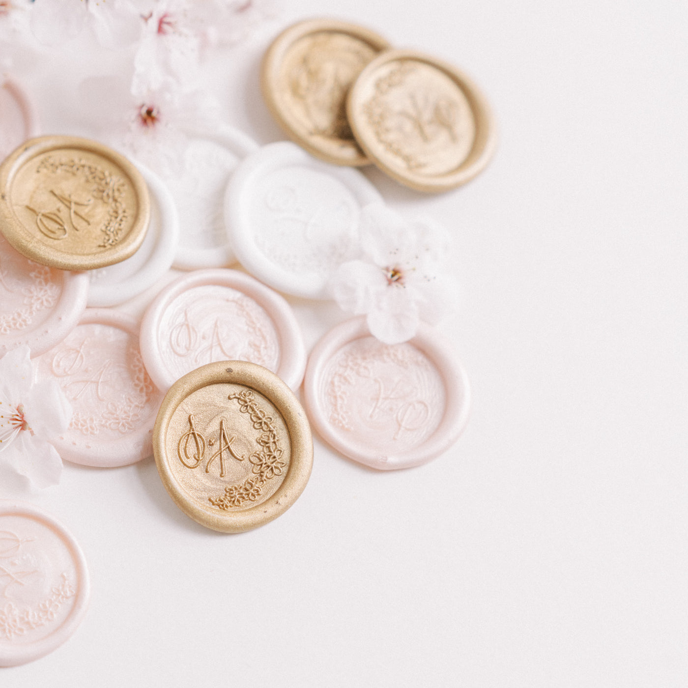 Emika Cherry Blossom Monogram Design | Self-Adhesive Wax Seals, Embosser & Rubber Stamp | 'Sakura' Cherry Blossom Rubber Stamp Embellishment for Blush Pink Spring Wedding | Heirloom Seals