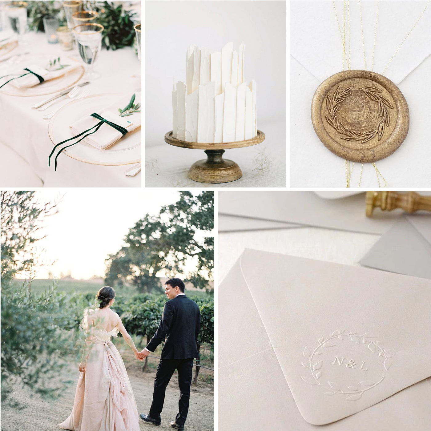 Outdoor Garden Wedding Inspiration | Gold Laurel Wreath Self-Adhesive Wax Seals and Botanical Monogram Envelope Embosser | Heirloom Seals