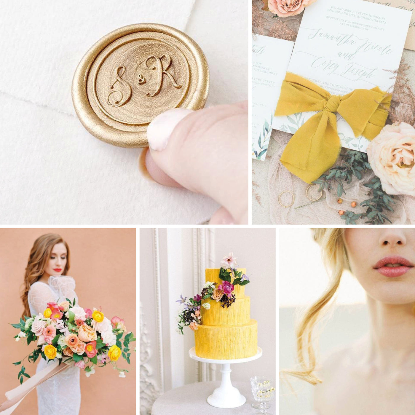 Bright Outdoor Summer Wedding Inspiration | Gold Monogram Wax Seal and Laurel Monogram Envelope Embosser | Heirloom Seals