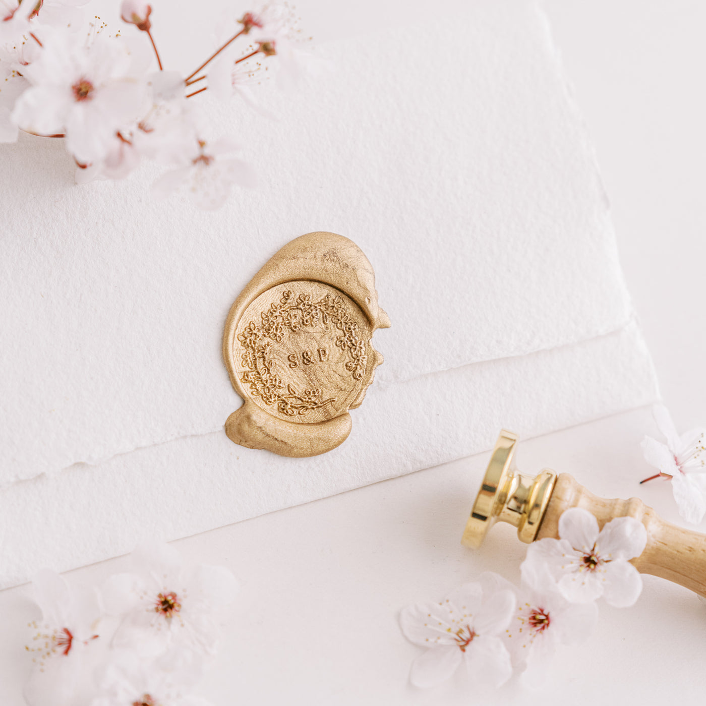 Ichika Cherry Blossom Monogram Design | Self-Adhesive Wax Seals Embosser & Rubber Stamp | 'Sakura' Cherry Blossom Embellishments for Blush Pink Spring Wedding | Heirloom Seals