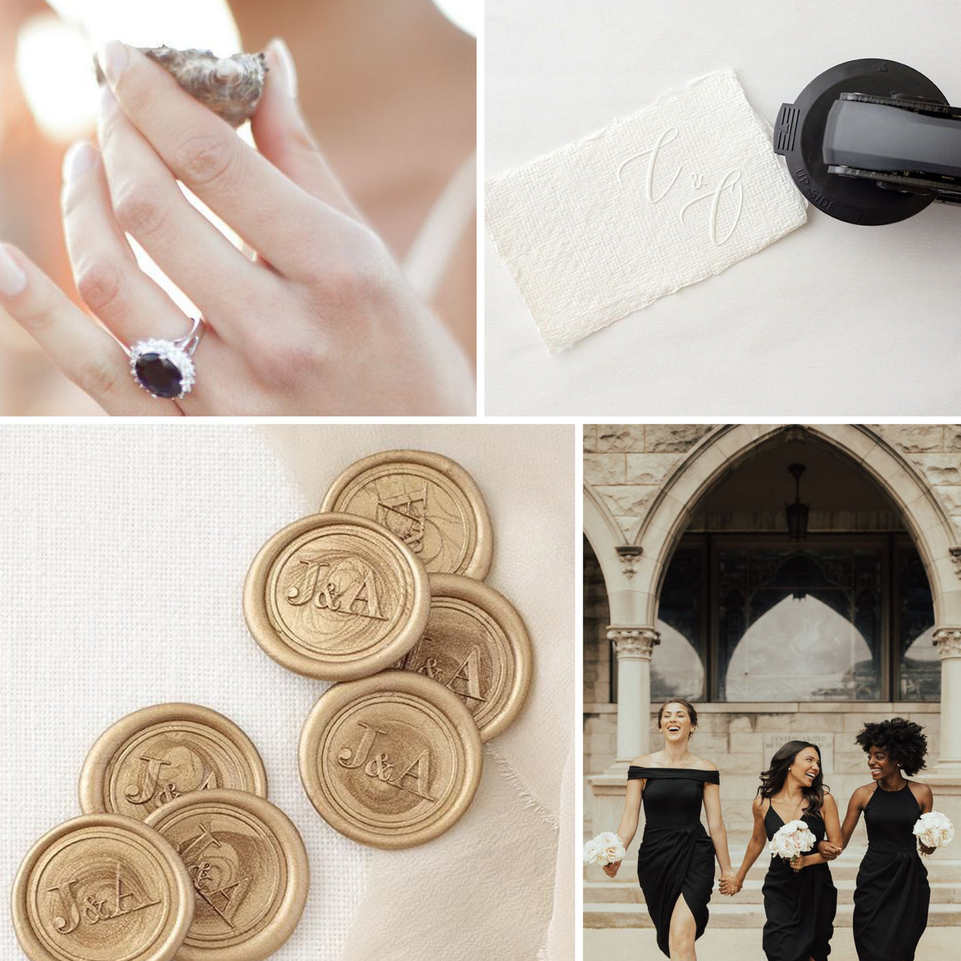 Cream and Black Luxe Minimal Monochrome Wedding Inspiration | Monogram Self-Adhesive Wax Seals and Embosser Accesories | Heirloom Seals