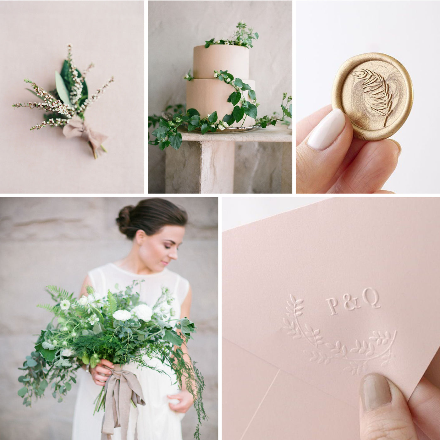 Blush Outdoor Wedding Inspiration | Gold Leaf Adhesive Wax Seals | Botanical Monogram Envelope Embosser