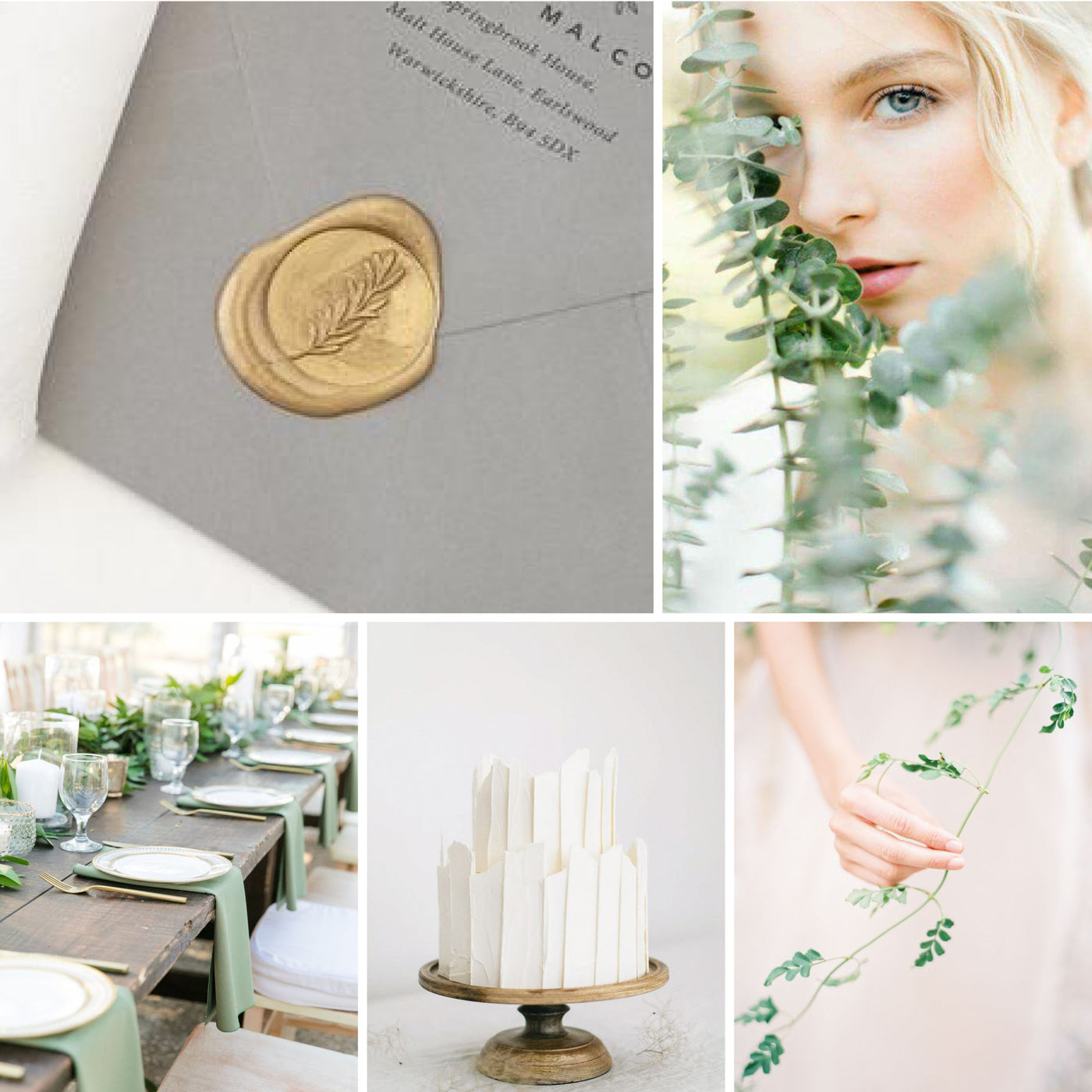 Outdoor Wedding Inspiration | Olive Branch Self-Adhesive Wax Seals and Botanical Script Envelope Embosser | Heirloom Seals