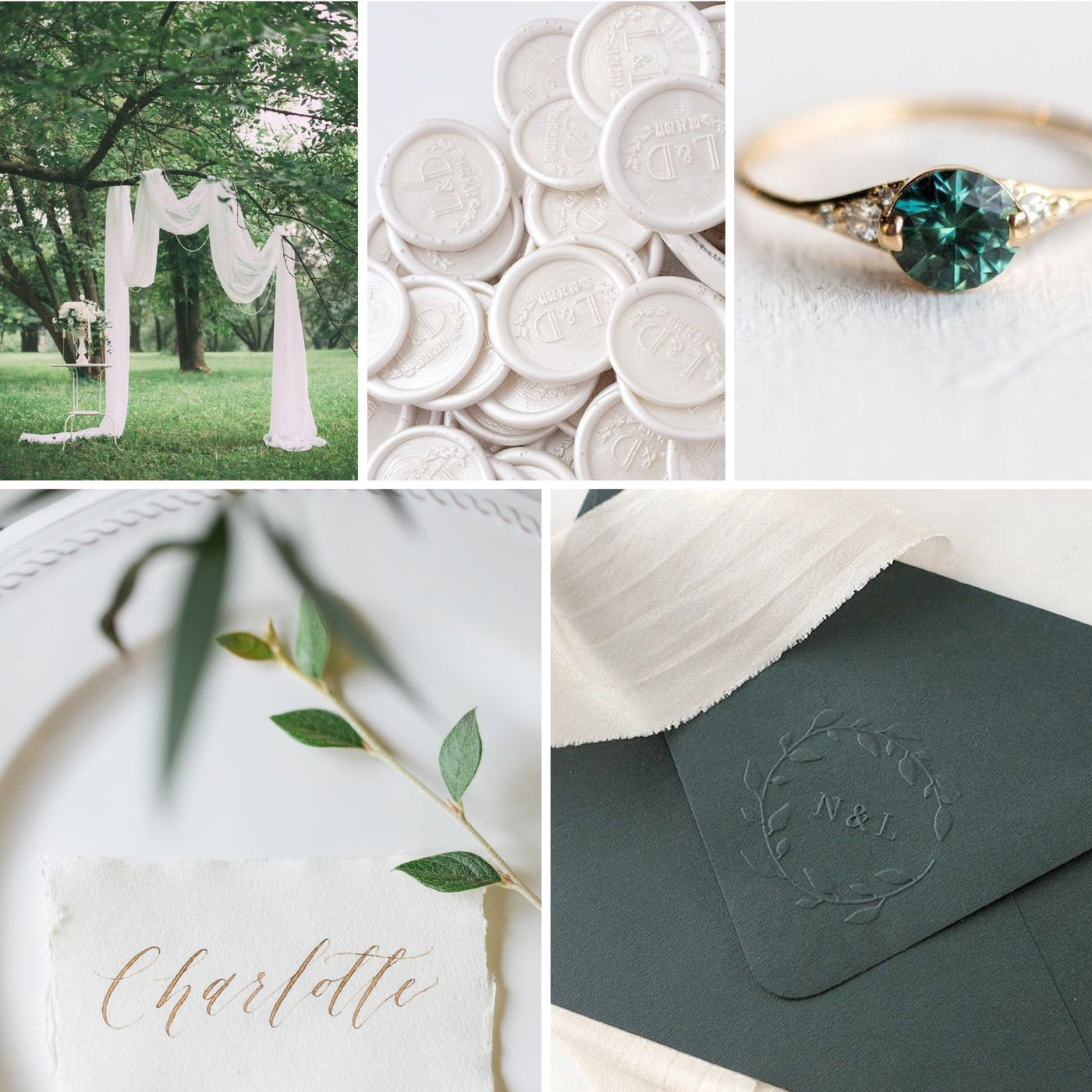 Outdoor Wedding Inspiration | White Laurel Save The Date Wax Seals Botanical Monogram Envelope Embosser | Heirloom Seals