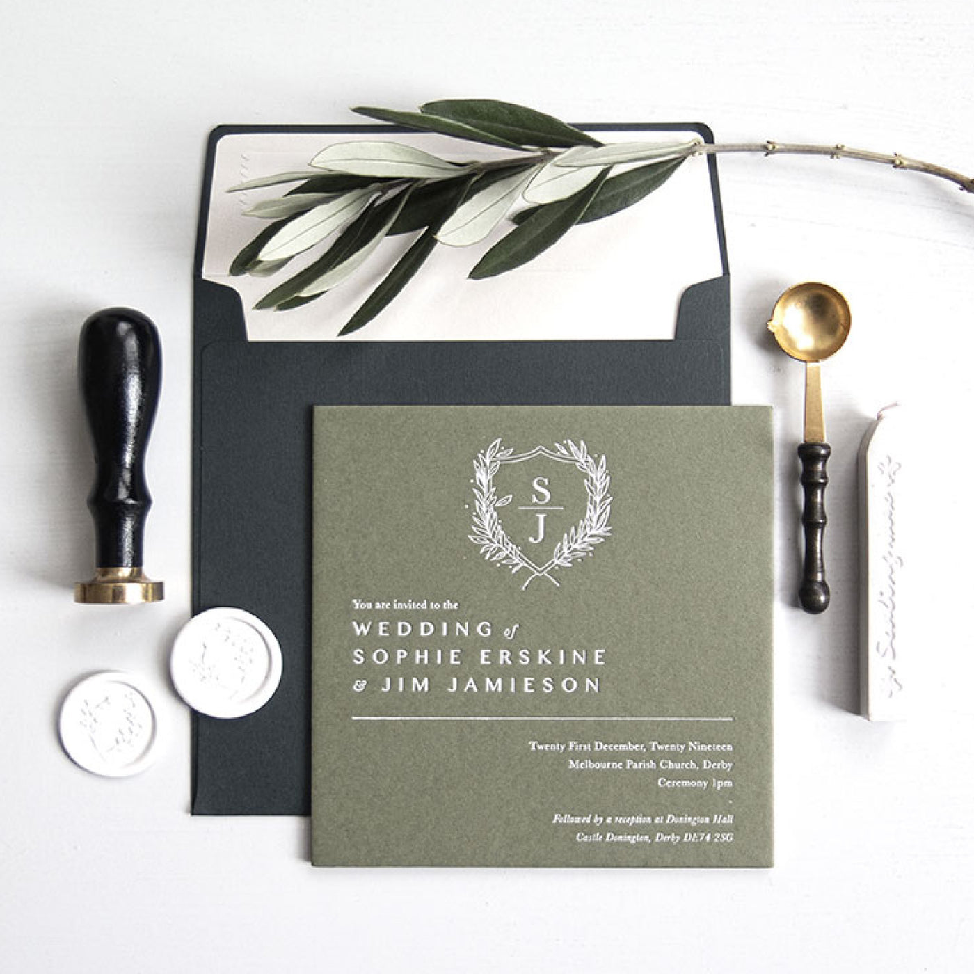Paperknots Sophie & Jim's Custom Commission Luxury Wedding Stationery | White Wreath Botanical Wax Seals | Heirloom Seals