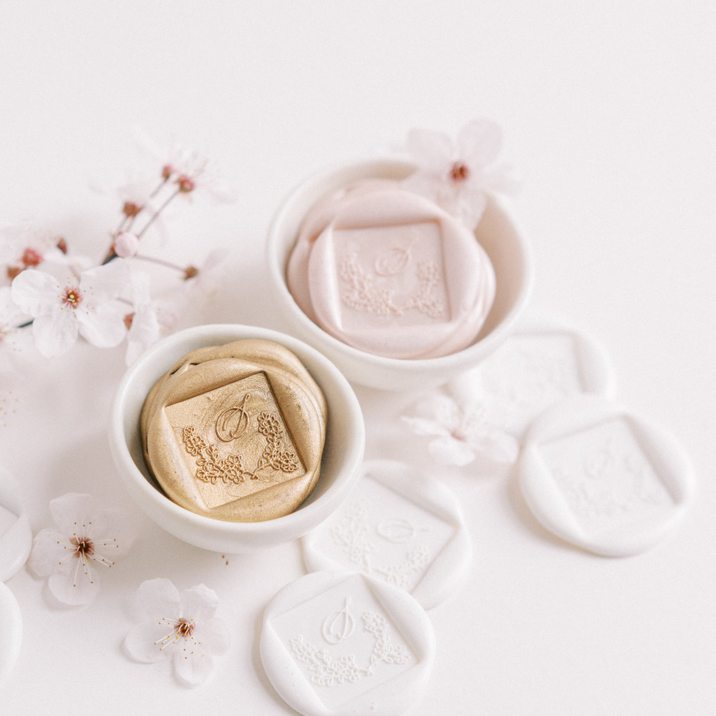 Petal Pink Cherry Blossom Monogram Design | Self-Adhesive Wax Seals Embosser & Rubber Stamp | 'Sakura' Cherry Blossom Embellishments for Blush Pink Spring Wedding | Heirloom Seals