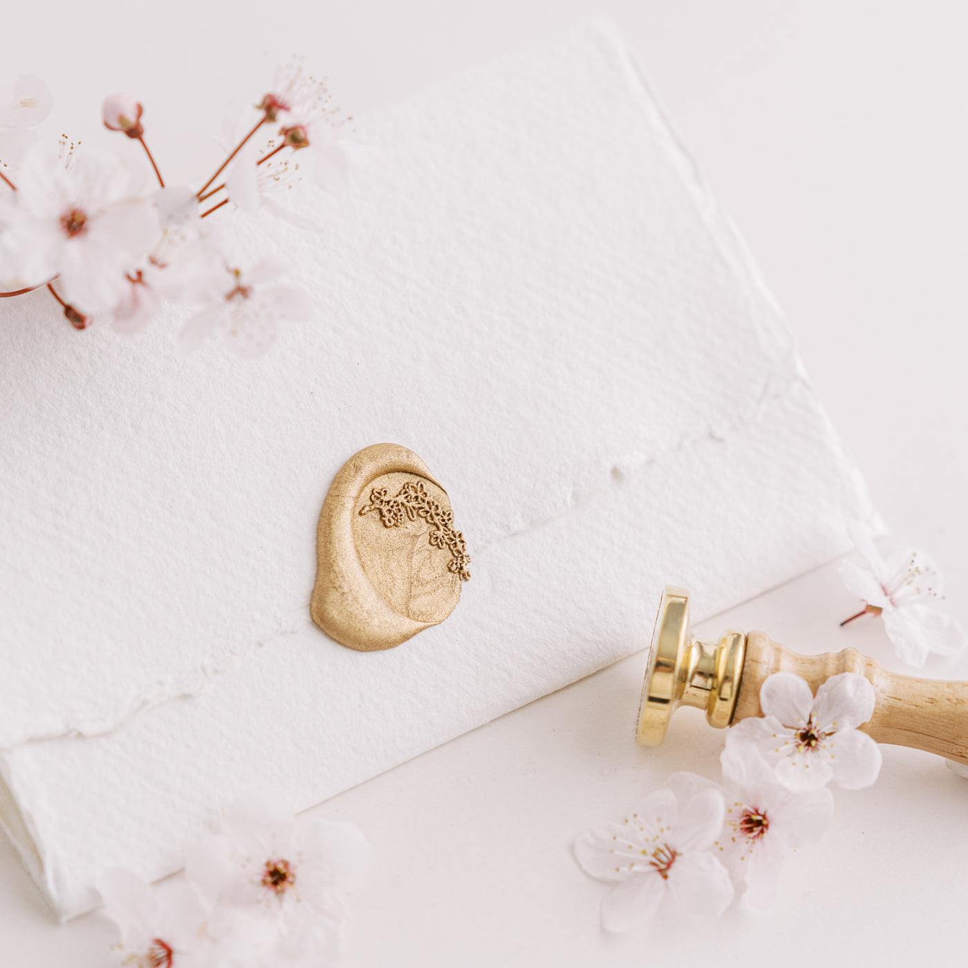 Pink Pearl Cherry Blossom Botanical Design | Oval Self-Adhesive Wax Seals Embosser & Rubber Stamp | 'Sakura' Cherry Blossom Embellishments for Blush Pink Spring Wedding | Heirloom Seals