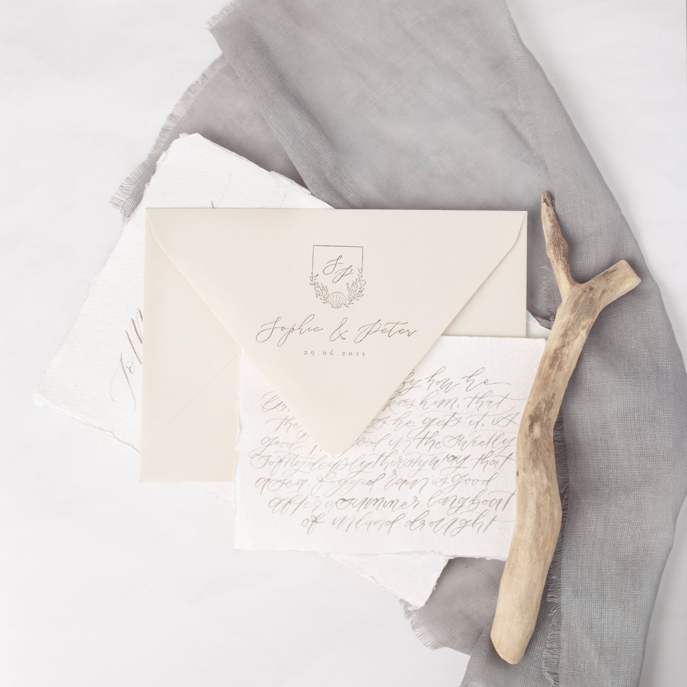 Sea Pearl Botanical Address Rubber Stamp & Calligraphy Script Embosser | Sea Breeze Coastal Wedding Invitations | Heirloom Seals