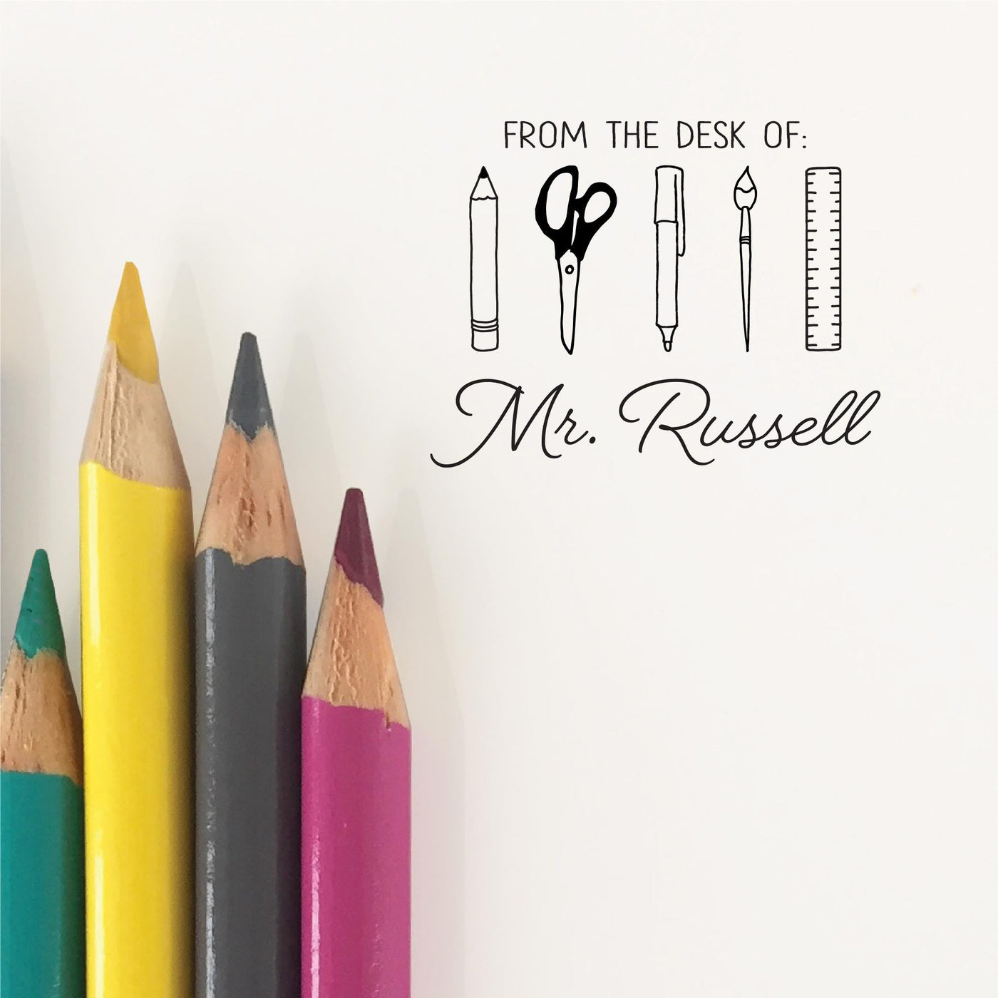 FROM THE DESK OF TEACHER STAMP WITH STATIONERY ILLUSTRATIONS | HEIRLOOM SEALS