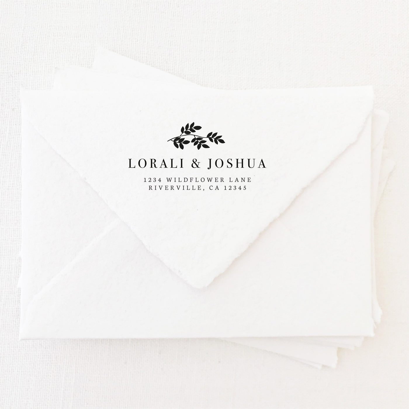 Beatrice Classic Botanical Return Address Rubber Stamp | Handmade Deckled Edge Paper Envelopes for Fine Art Wedding Stationery Invitations and Custom Luxe Brand Packaging | Heirloom Seals