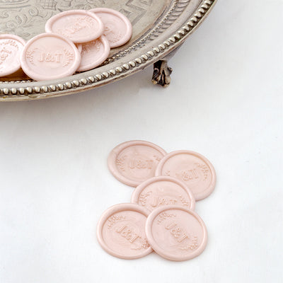 Penelope Botanical Monogram Blush Pink Self-Adhesive Wax seal Stickers for Fine Art Wedding Stationery Invitations and Custom Luxe Brand Packaging | Heirloom Seals