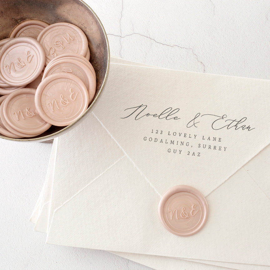 Emilia Calligraphy Script Monogram Blush Pink Self-Adhesive Wax Seal Stickers & Wax Seal Stamp for Fine Art Wedding Stationery Invitations | Heirloom Seals