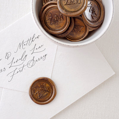 Eloise Classic Monogram Bronze Self-Adhesive Wax seal Stickers for Fine Art Wedding Stationery Invitations and Custom Luxe Brand Packaging | Heirloom Seals