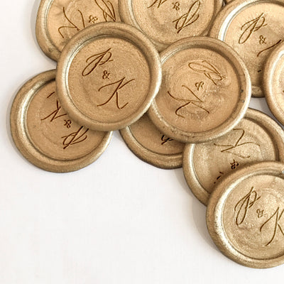 Camila Calligraphy Script Monogram Gold Self-Adhesive Wax seal Stickers for Fine Art Wedding Stationery Invitations and Custom Luxe Brand Packaging | Heirloom Seals