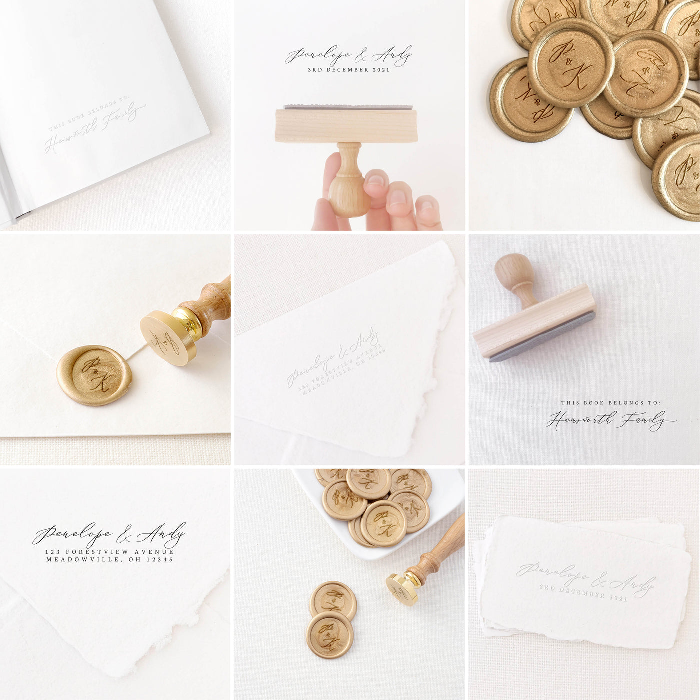 Camila Romantic Calligraphy Script Collection | Custom Rubber Stamp, Wax Seal Stickers & Embosser for Custom Luxe Wedding Couples Packaging Embellishment & Family House Warming Gift | Heirloom Seals