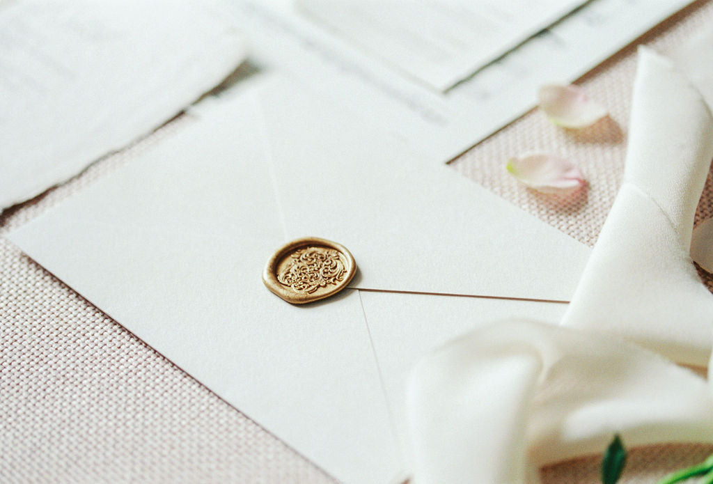 Louis French Provincial Illustration Gold Self-Adhesive Wax Seals For Fine Art Wedding Invitations | Camila Arnold Photography Carlton House | Heirloom Seals