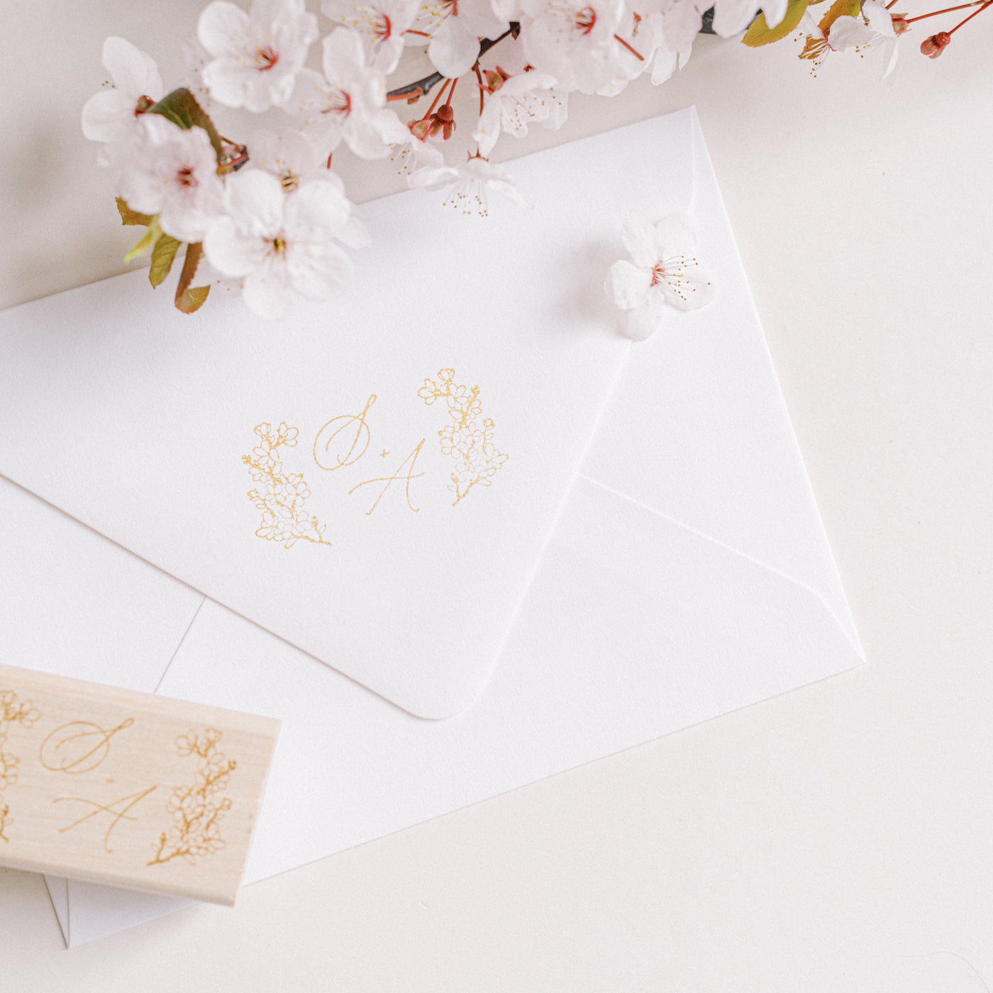 Cherish Cherry Blossom Monogram Rubber Stamp for Fine Art Wedding Invitations | 'Sakura' Cherry Blossom Embellishments for Blush Pink Spring Wedding | Heirloom Seals