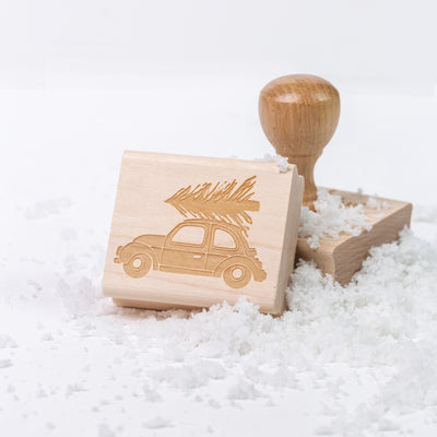 Christmas car wooden rubber stamp with handle and without handle on snow | Heirloom Seals