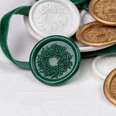 Hand-pressed green, white and gold 3D wreath wax seal and ribbon display | Heirloom Seals