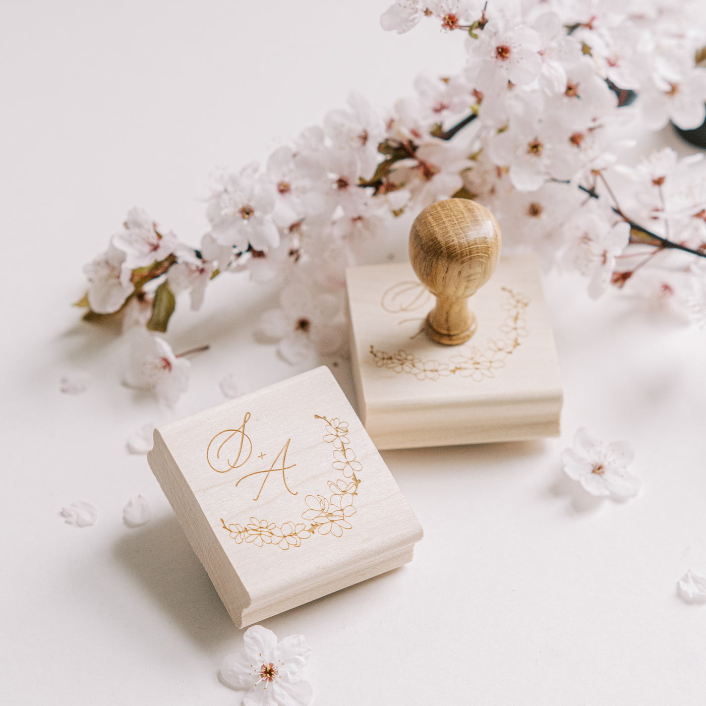 Emika Cherry Blossom Monogram Rubber Stamp for Fine Art Wedding Invitations | 'Sakura' Cherry Blossom Embellishments for Blush Pink Spring Wedding | Heirloom Seals