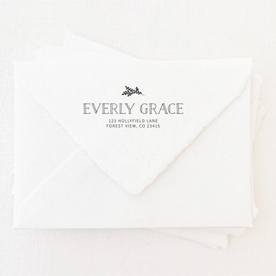 Everly Classic Botanical Return Address Rubber Stamp | Brand Packaging Fine Art Handmade Deckled Edge Paper Wedding Stationery Invitations Envelopes | Heirloom Seals
