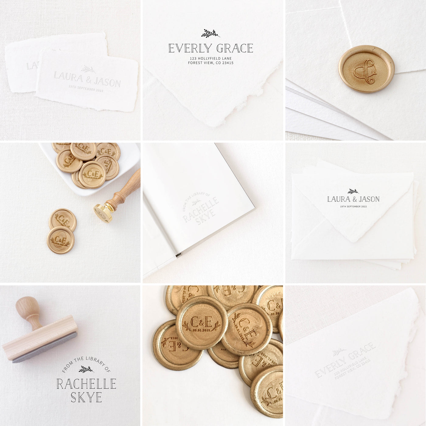 Everly Classic Botanical Collection | Custom Rubber Stamp, Wax Seal Stickers & Embosser for Custom Luxe Embellishment Packaging & Fine Art Wedding Stationery Invitations | Heirloom Seals
