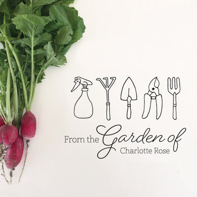 Fresh radishes next to graphic designed gardening tools and personalised message