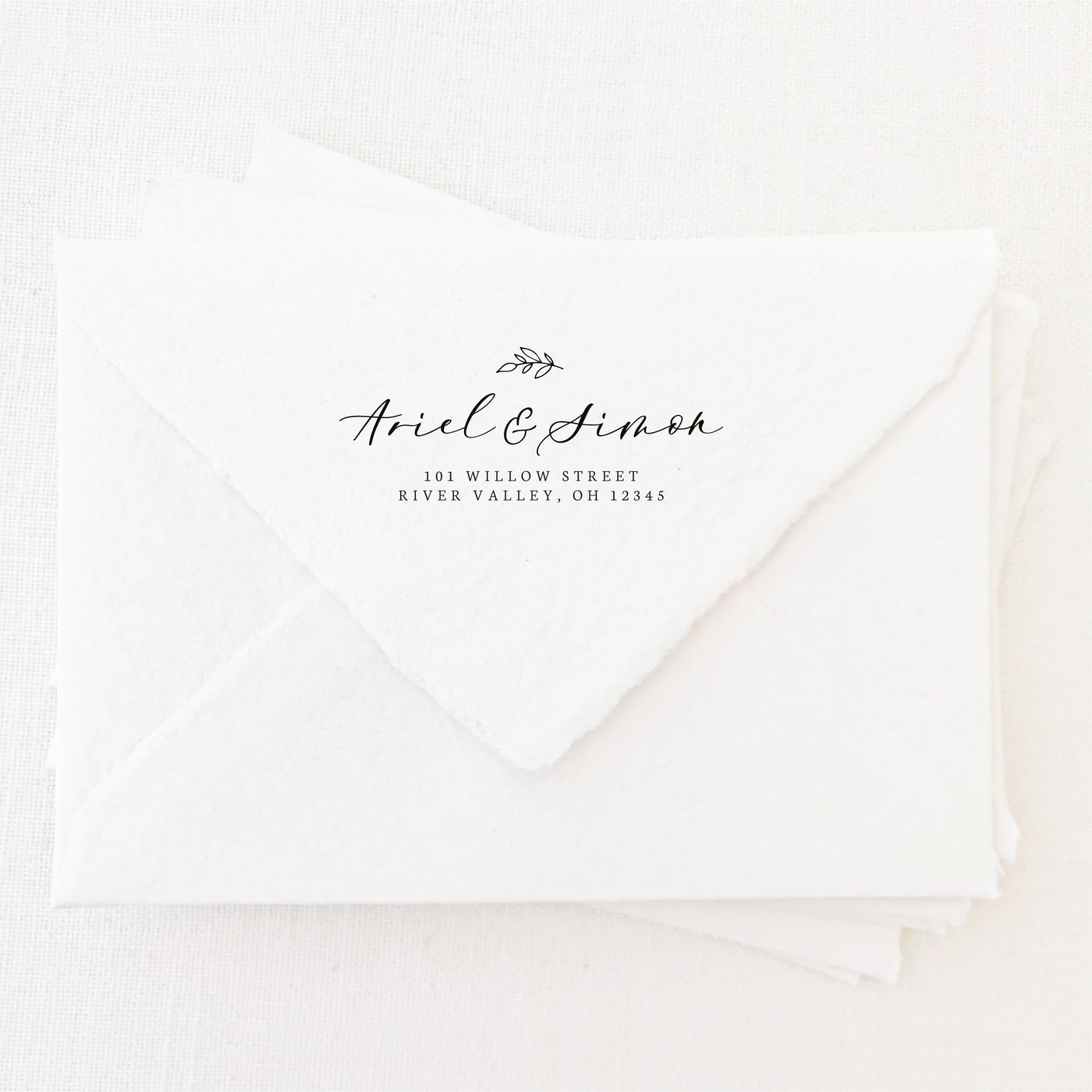 Genevieve Botanical Calligraphy Script Return Address Rubber Stamp | Brand Packaging Fine Art Handmade Deckled Edge Paper Wedding Stationery Invitations Envelopes | Heirloom Seals