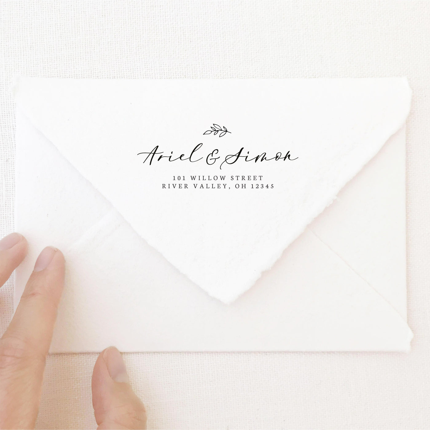Genevieve Botanical Calligraphy Script Return Address Rubber Stamp | Brand Packaging Fine Art Handmade Deckled Edge Paper Wedding Stationery Invitations Envelopes | Heirloom Seals