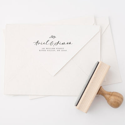 Genevieve Botanical Calligraphy Script Return Address | Personalised Rubber Stamp with Wooden Handle for Fine Art Wedding Stationery Invitation Envelope | Heirloom Seals