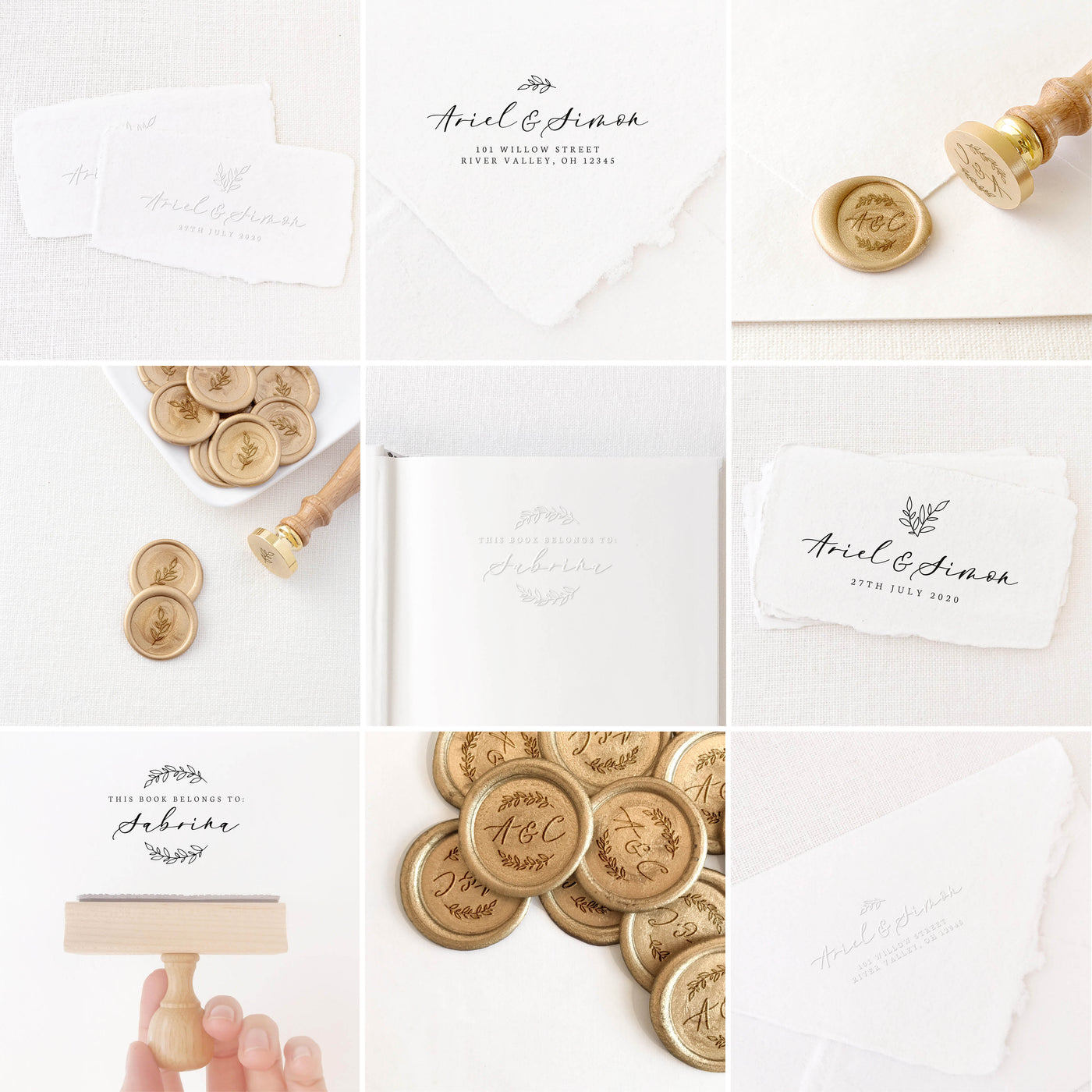 Genevieve Botanical Calligraphy Script Collection | Custom Rubber Stamp, Wax Seal Stickers & Embosser for Custom Luxe Embellishment Packaging & Fine Art Wedding Stationery Invitations | Heirloom Seals
