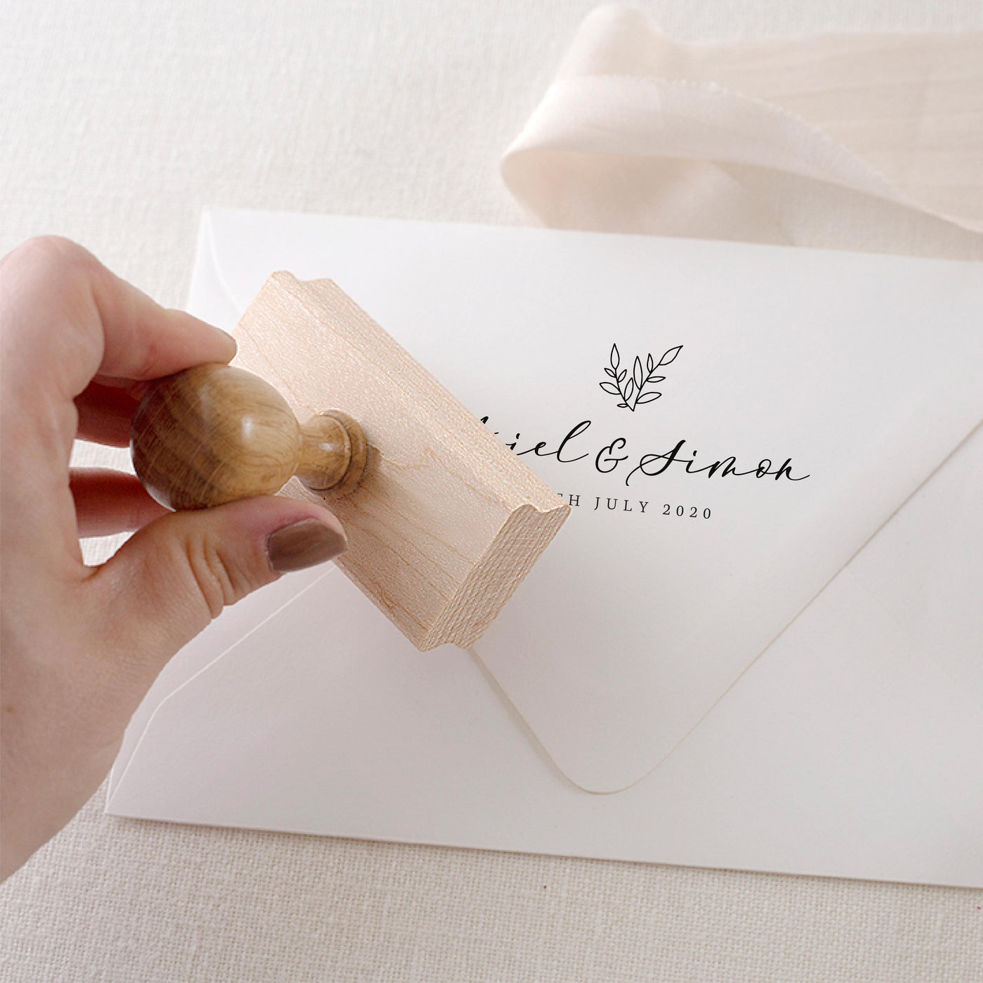 Genevieve Botanical Calligraphy Script Save The Date Rubber Address | Personalised Rubber Stamp with Wooden Handle for Fine Art Wedding Stationery Invitation Envelope | Heirloom Seals