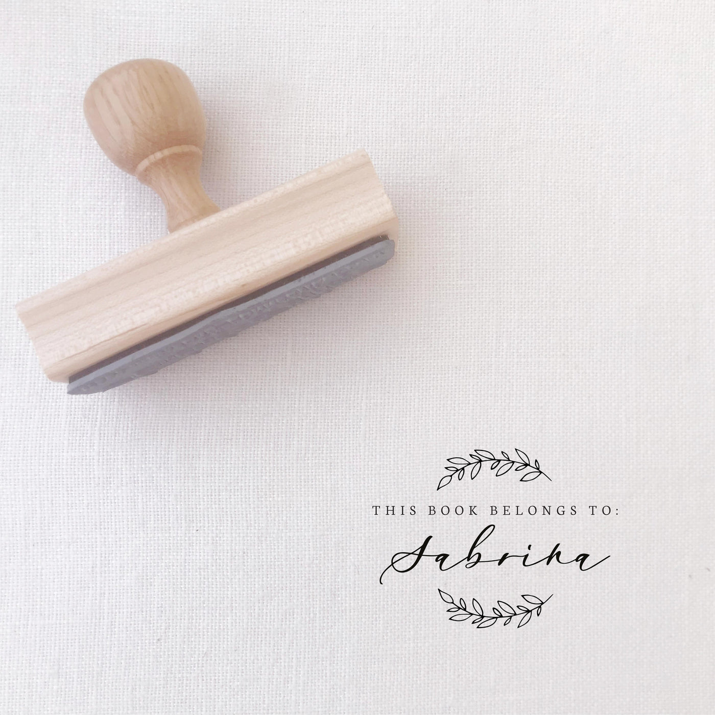 Genevieve Rustic Botanical Calligraphy Script Library Book Stamp | Custom Ex Libre Rubber Stamp with Wooden Handle for Wedding Couple & Family Gift, Luxe Packaging Embellishment | Heirloom Seals
