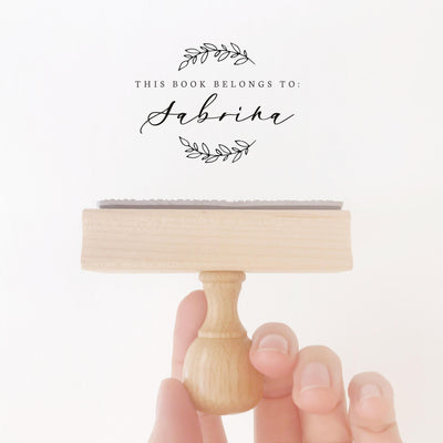 Genevieve Rustic Botanical Calligraphy Script Library Book Stamp | Custom Ex Libre Rubber Stamp with Wooden Handle for Wedding Couple & Family Gift, Luxe Packaging Embellishment | Heirloom Seals