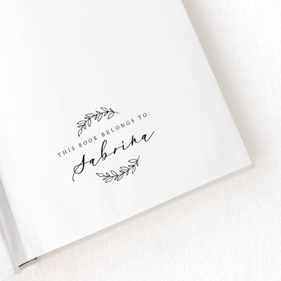 Genevieve Rustic Botanical Calligraphy Script Library Book Rubber Stamp | Custom Couple & Family Gift of Ex Libre Stamper Embellishment for Brand Packaging | Heirloom Seals