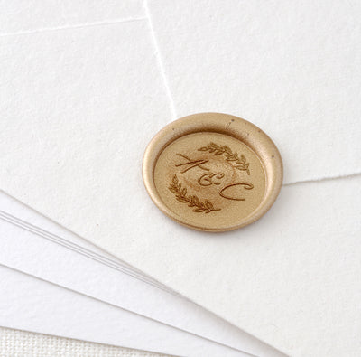 Genevieve Botanical Calligraphy Script Monogram Gold Wax Seals | Custom Wax Stamp for Fine Art Wedding Stationery Envelope Invitations & Brand Packaging Embellishments for Gifts | Heirloom Seals