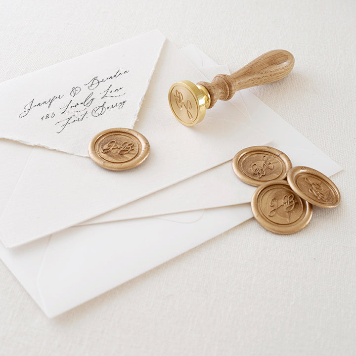 Piper Calligraphy Script Monogram Gold Self-Adhesive Wax Seal Stickers & Wax Seal Stamp for Fine Art Wedding Stationery Invitations | Heirloom Seals