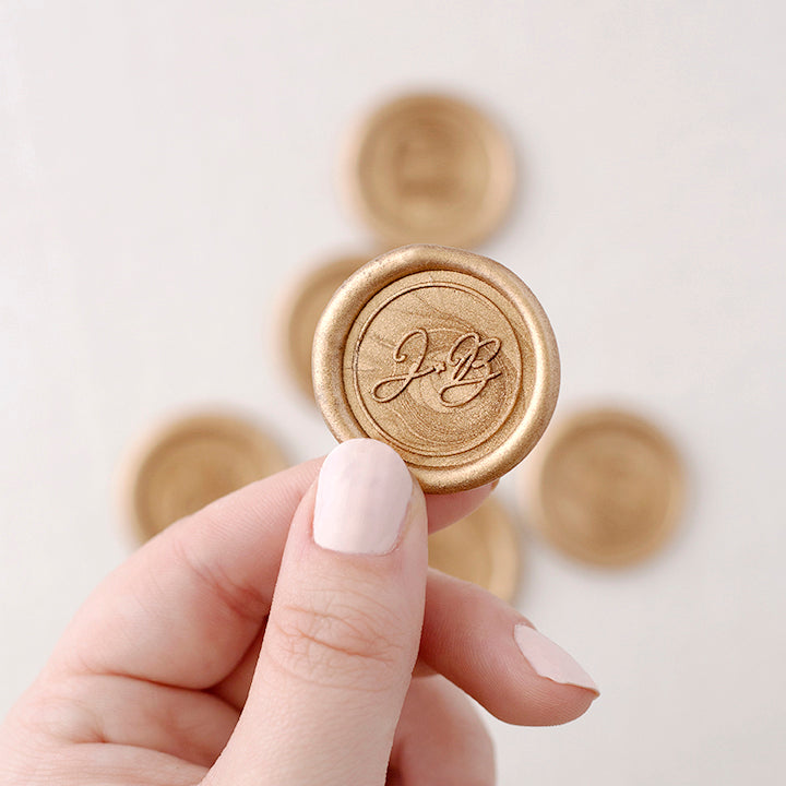 Piper Calligraphy Script Monogram Gold Self-Adhesive Wax Seal Stickers & Wax Seal Stamp for Fine Art Wedding Stationery Invitations | Heirloom Seals