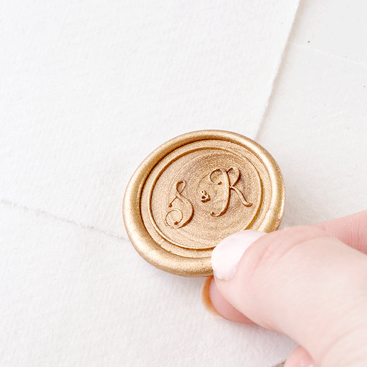 Kaylee Calligraphy Script Monogram Gold Self-Adhesive Wax seal Stickers for Fine Art Wedding Stationery Invitations and Custom Luxe Brand Packaging | Heirloom Seals