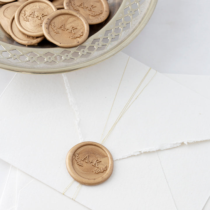 Willow Botanical Monogram Gold Self-Adhesive Wax seal Stickers for Fine Art Wedding Stationery Invitations and Custom Luxe Brand Packaging | Heirloom Seals