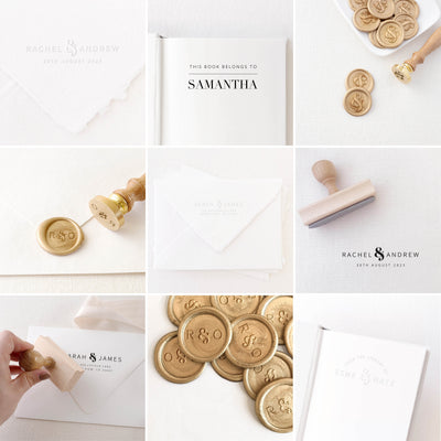 Harper Chic Minimal Collection | Custom Rubber Stamp, Wax Seal Stickers & Embosser for Custom Luxe Embellishment Packaging & Fine Art Wedding Stationery Invitations | Heirloom Seals
