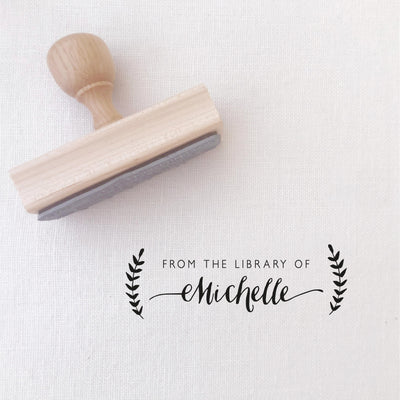 Hayley Calligraphy Botanical Script Library Book Stamp | Custom Ex Libre Rubber Stamp with Wooden Handle for Wedding Couple & Family Gift, Luxe Packaging Embellishment | Heirloom Seals