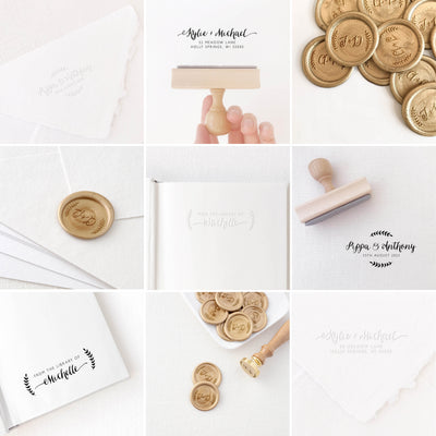 Hayley Calligraphy Script Botanical Collection | Custom Rubber Stamp, Wax Seal Stickers & Embosser for Custom Luxe Embellishment Packaging & Fine Art Wedding Stationery Invitations | Heirloom Seals