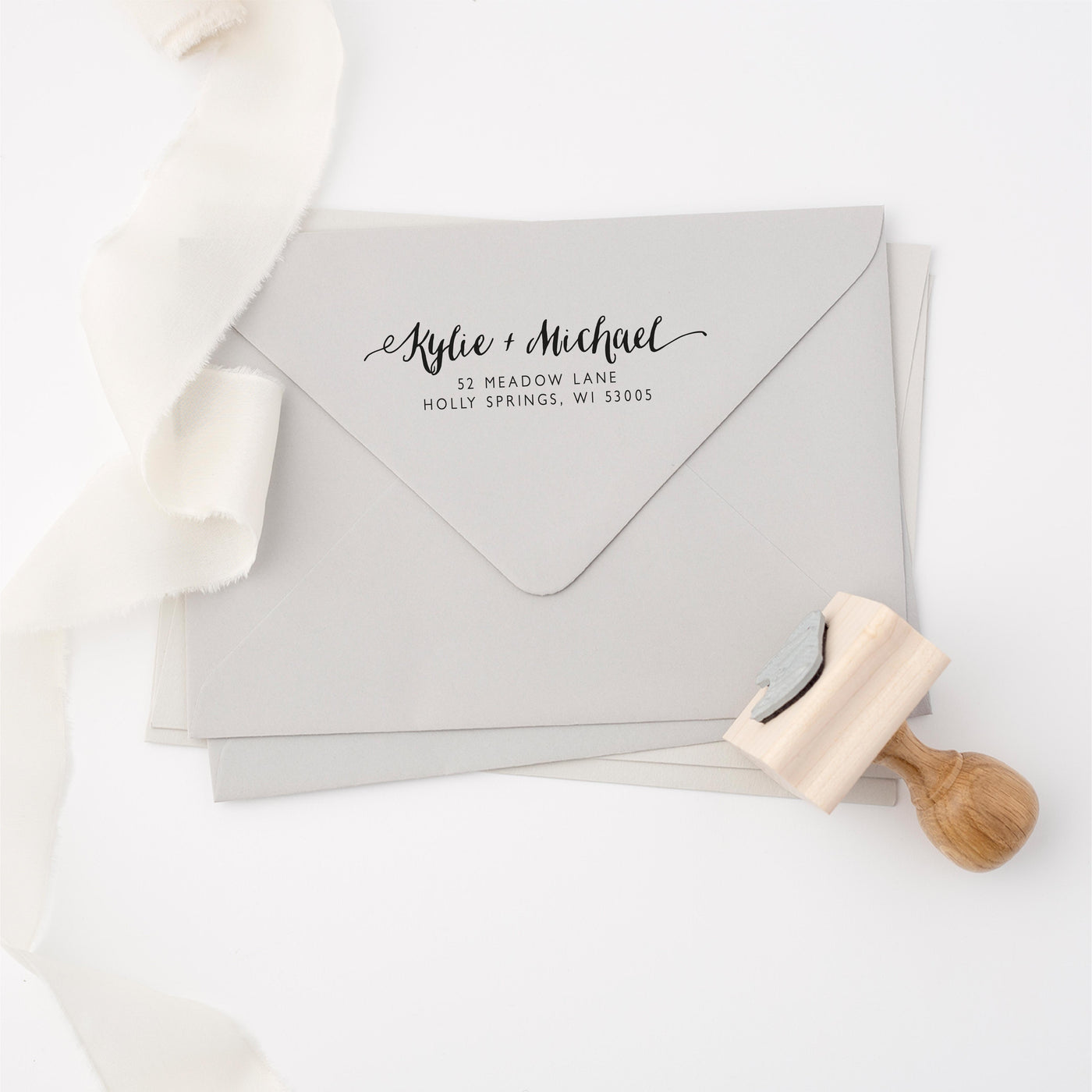 Hayley Calligraphy Script Return Address | Personalised Rubber Stamp with Wooden Handle for Fine Art Wedding Stationery Invitation Envelope | Heirloom Seals